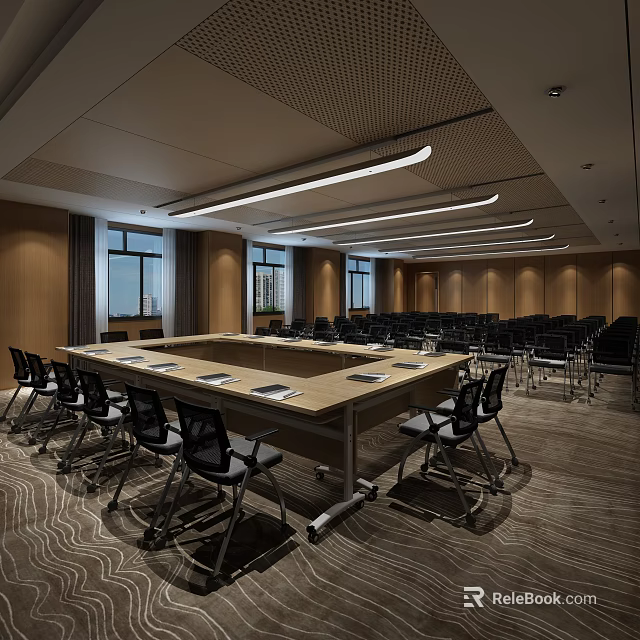 Modern Conference Room Interior With Long Table Black Chairs Multiple Windows And Wooden Walls 3d model 