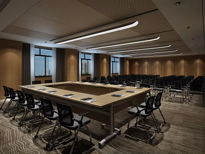 Modern Conference Room Interior With Long Table Black Chairs Multiple Windows And Wooden Walls 3d model