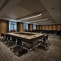 Modern Conference Room Interior With Long Table Black Chairs Multiple Windows And Wooden Walls