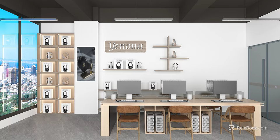 Verona Brand Display Studio With Wall Frames Shelves And Computer Workstations 3d model 
