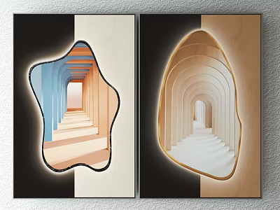 Two Decorative Paintings With Star Shaped Oval Cutouts And Colorful Corridors With Steps Columns 3d model