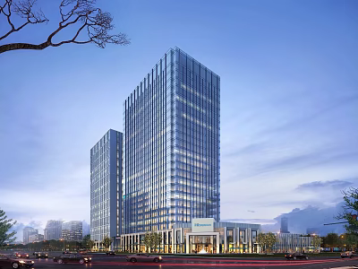 Modern Tall Office Buildings With Glass Curtain Walls And Surrounding Trees Vehicles On Road 3d model