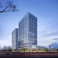 Modern Tall Office Buildings With Glass Curtain Walls And Surrounding Trees Vehicles On Road