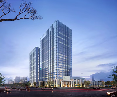 Modern Tall Office Buildings With Glass Curtain Walls And Surrounding Trees Vehicles On Road 3d model