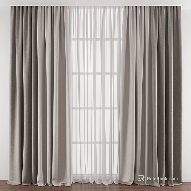 Thick Gray Curtains With White Sheer Layers And Grid Patterned Window 3d model