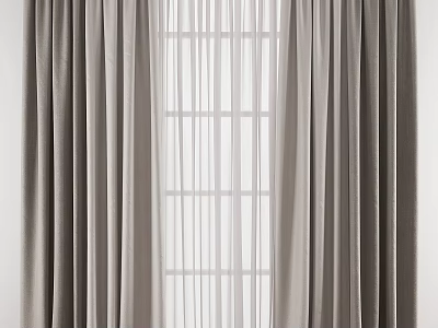 Thick Gray Curtains With White Sheer Layers And Grid Patterned Window 3d model