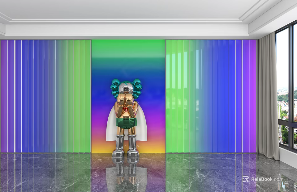 Colorful Gradient Background Wall With Standing Art Figure In Modern Room 3d model 