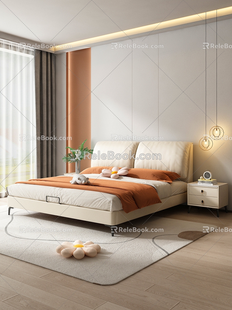 Nordic Bedroom Soft Leather Double Bed 3d model