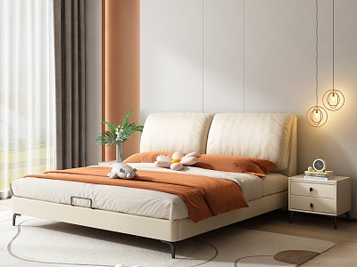 Nordic Bedroom Soft Leather Double Bed 3d model