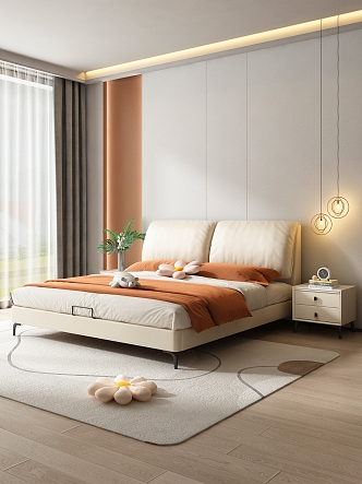 Nordic Bedroom Soft Leather Double Bed 3d model