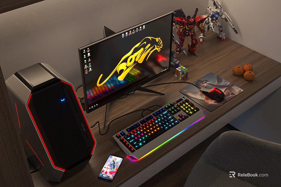Gaming PC Setup With RGB Keyboard Monitor Phone And Robot Figurines On Wooden Desk 3d model 