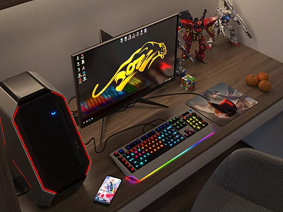 Gaming PC Setup With RGB Keyboard Monitor Phone And Robot Figurines On Wooden Desk 3d model