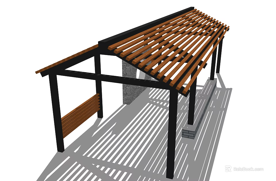 Outdoor Pergola With Wooden Roof Slats Black Metal Frame Bench And Shadows 3d model 