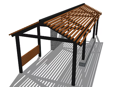 Outdoor Pergola With Wooden Roof Slats Black Metal Frame Bench And Shadows 3d model
