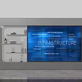 Modern Display Cabinet with Large Blue Screen Display and Side Shelves Holding Decorative Items