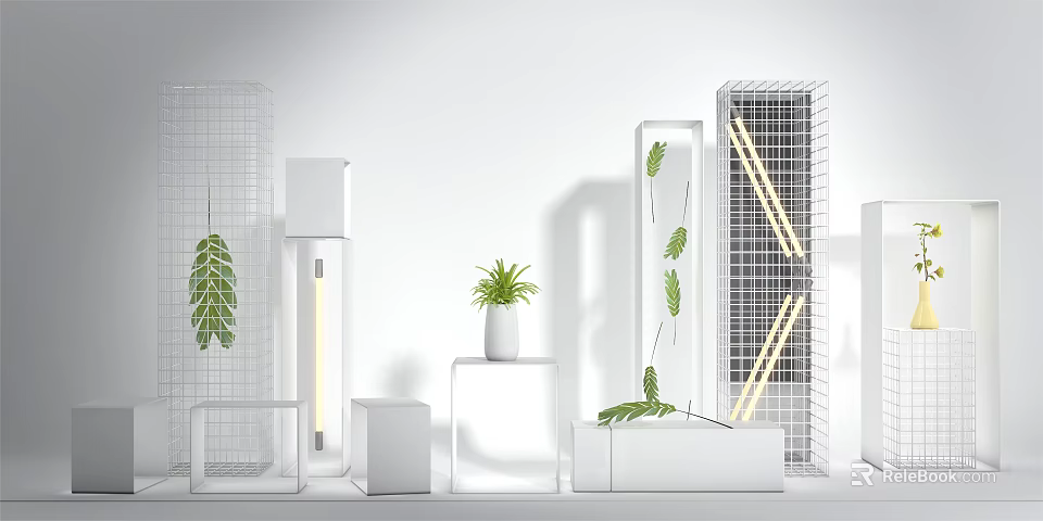 Stylish Window Display Decoration Featuring Grid Structures White Cubes Green Plants And Illuminated Tubes 3d model 