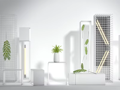 Stylish Window Display Decoration Featuring Grid Structures White Cubes Green Plants And Illuminated Tubes 3d model