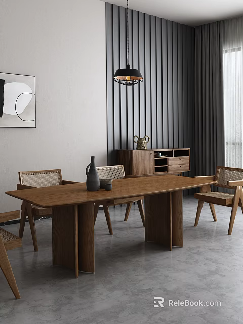 Wooden Dining Table Set With Wicker Back Chairs And Sideboard Cabinet 3d model