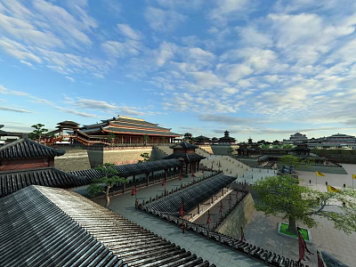 Ancient Architecture with Traditional Roofs Courtyard and City Wall Under Blue Sky 3d model