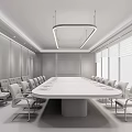 Modern Conference Room With Long Wooden Table Leather Chairs Large Screen And City View Windows