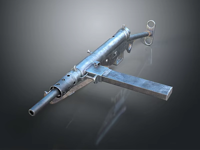 Vintage Machine Gun Weapon with Metal Barrel Stock and Support Stand 3d model