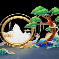 Traditional Chinese Decorative Art With Circular Frame Pine Tree Mountain Clouds And Figure 3d model