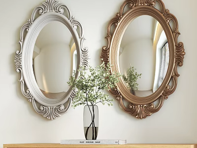 Two Oval Mirrors with Silver Gold Carved Frames Above Wooden Shelf with Vase Green Plants 3d model