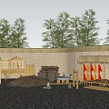 Outdoor Industrial Equipment Display With Wooden Frames Firewood Stacks And Clay Pots