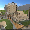 Modern Community Resort With Buildings Green Lawn Camel And People Activities