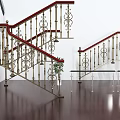 Elegant Staircase With Red Handrails Ornate Golden Balusters Dark Wooden Steps And Potted Green Plant