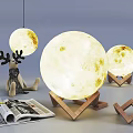 Multiple Moon Shaped Lighting Set With Deer Ornament And Wooden Stands For Home Decor