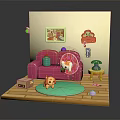 Cute Indoor Scene With Pink Sofa Green Rug Yellow Puppy Toy And Wall Decor