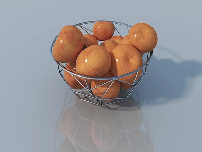 Fresh Ripe Peaches in Metal Mesh Basket on Light Reflective Surface 3d model