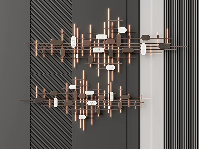 Modern Wall Decor With Metal Lines Copper Finish White Dark Brown Oval Blocks Gray Background 3d model