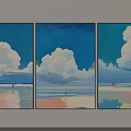 Abstract Painting Three Panel Triptych with Blue Sky White Clouds and Beach Figures 3d model