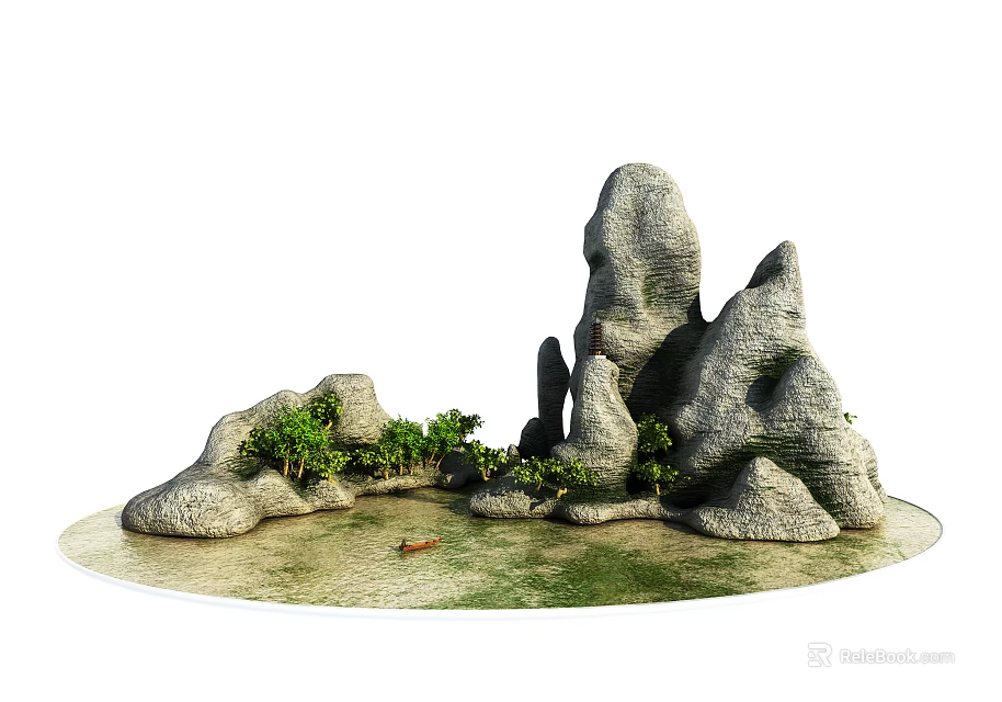 Garden Ornament With Natural Rock Formations Green Plants And Small Boat 3d model 