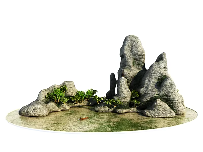 Garden Ornament With Natural Rock Formations Green Plants And Small Boat 3d model