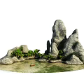 Garden Ornament With Natural Rock Formations Green Plants And Small Boat