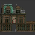 Cartoon Style Multi Story Brick Building With Green Roof Arched Entrance And Windows