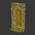 Rustic Stone Wall Entrance Gate With Arched Top Wooden Door And Green Plants