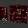 Red Wooden Bookcases Featuring Multiple Shelves Drawers And Decorative Books Arrangement