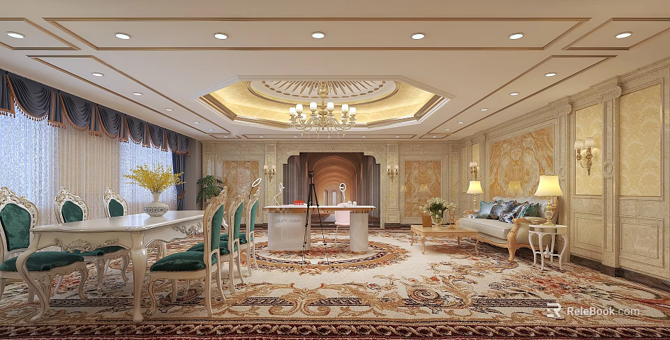 Luxurious Public Office Area With Chandelier Ornate Carpet And Elegant Wall Decor 3d model 