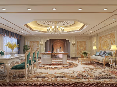 Luxurious Public Office Area With Chandelier Ornate Carpet And Elegant Wall Decor 3d model