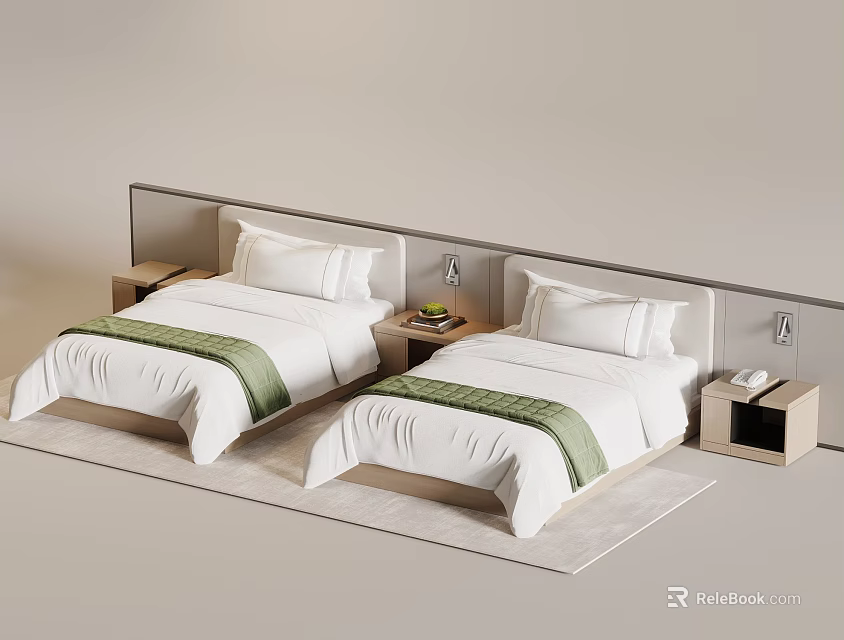 Minimalist Bedroom Interior With Twin Beds White Sheets And Green Stripes 3d model 