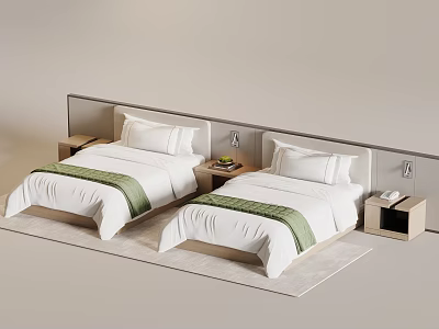 Minimalist Bedroom Interior With Twin Beds White Sheets And Green Stripes 3d model