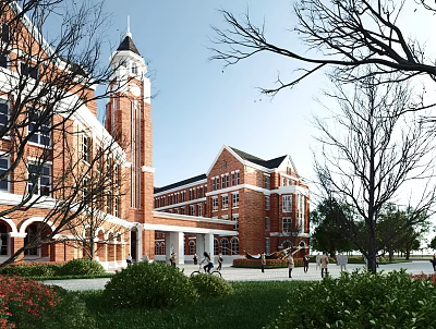 Red Brick Office Building With Clock Tower And Green Trees Around Lawn Area 3d model