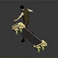 Game Character Wearing Vest And White Shirt Riding Skateboard With Golden Decorations And Yellow Wheels