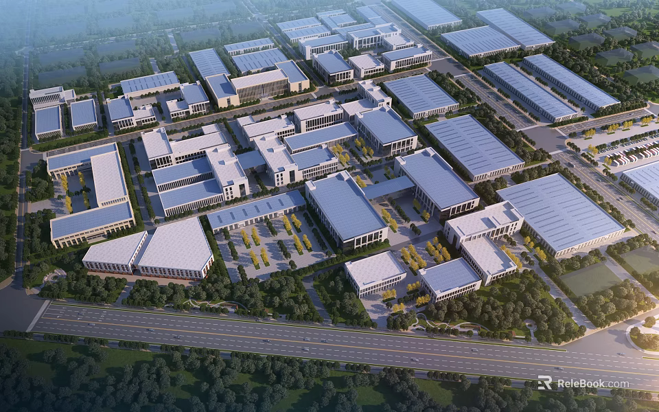 Large Scale Industrial Factory Aerial View With Multiple Buildings Neat Layout And Greenery 3d model 