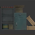 Furniture Gray Open Shelf With Red Top Green Cabinet Stacked Brown Boxes Open Wooden Crate
