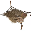Nuts In Wooden Bowls Hanging On Rope Net With Hay And Wooden Frame